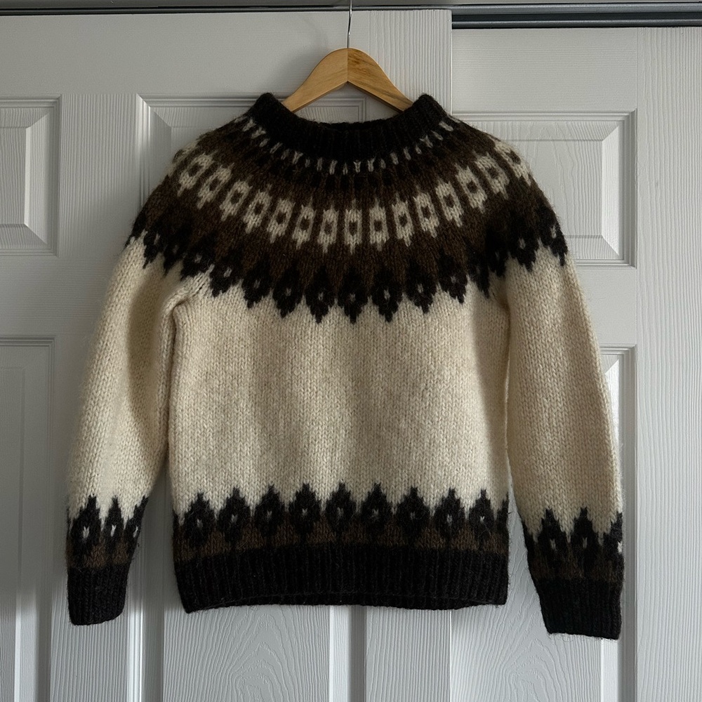 Vintage Fair Isle 100% Wool Black, Brown and Cream Chunky Crew Neck Sweater